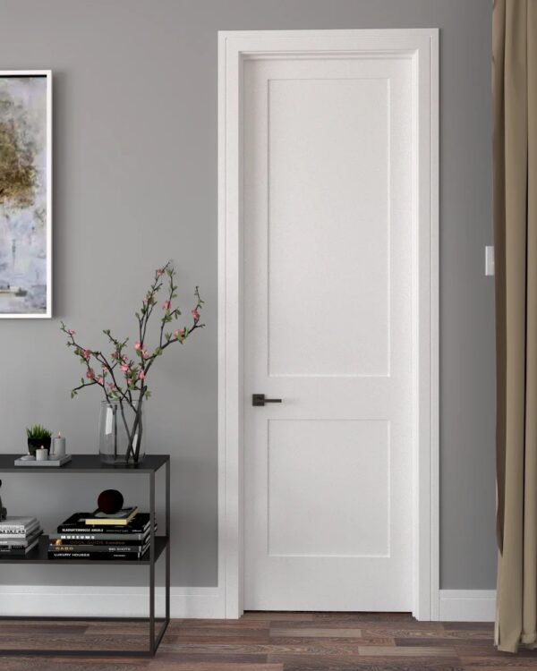 2-panel solid core shaker interior door, pre-primed MDF, reversible handing, 1-3/8 inch thickness"