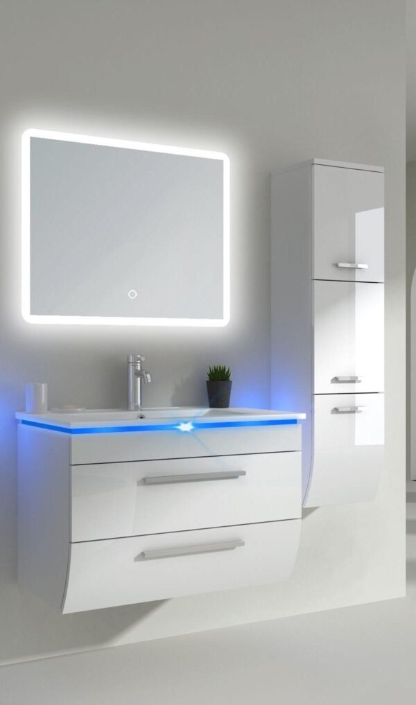 24 inch floating white MDF vanity with ceramic sink and LED mirror