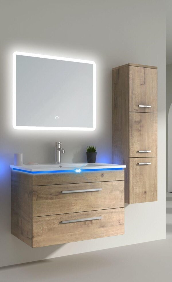 24 inch wood finish MDF floating vanity with ceramic sink and LED mirror