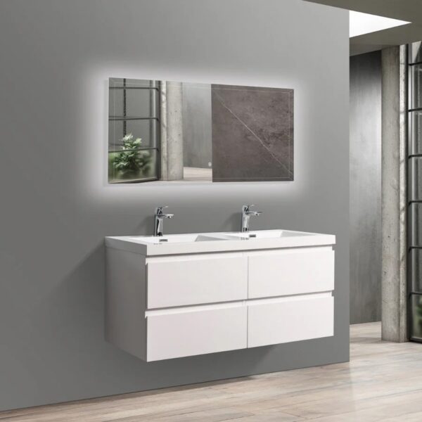 48 inch white floating vanity with dual sinks and clean finish