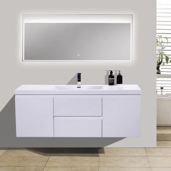 60 inch floating white vanity with two spacious drawers