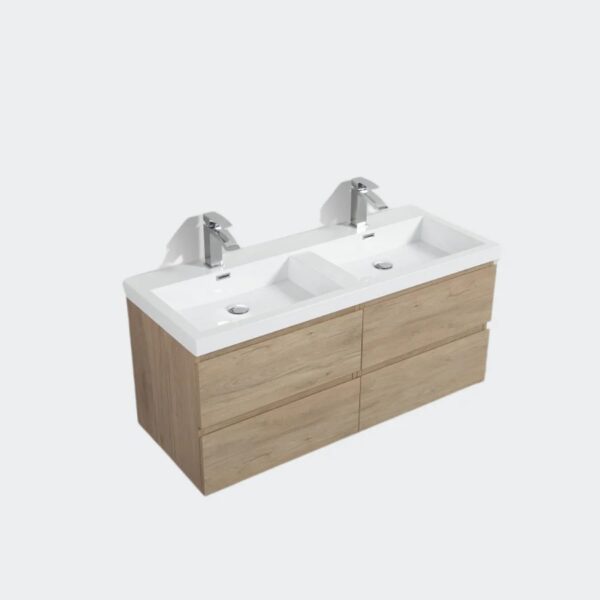 60 inch floating vanity in wood with double sinks and storage drawers