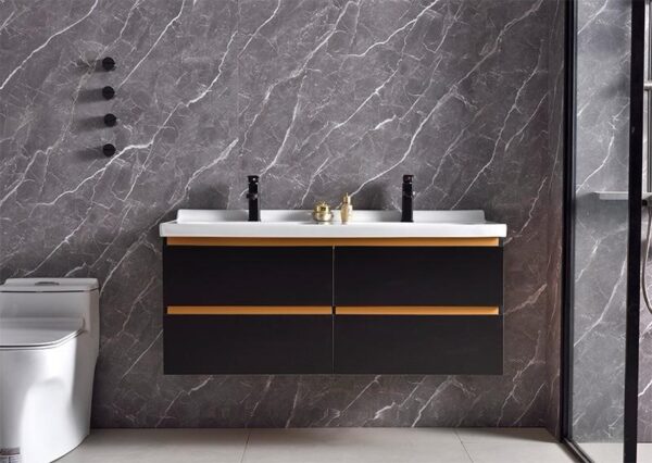 60 inch black floating vanity with gold trim and dual drawers
