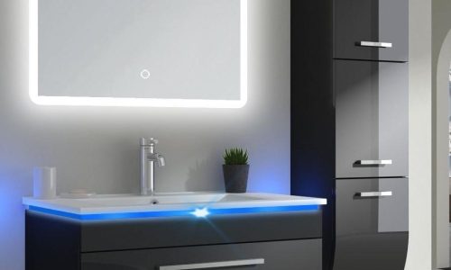 24 inch MDF black floating vanity with ceramic sink and LED mirror
