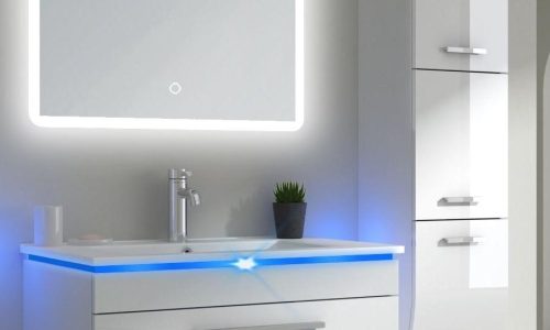 24 inch floating white MDF vanity with ceramic sink and LED mirror