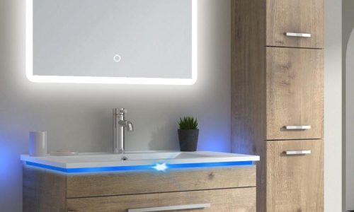 24 inch wood finish MDF floating vanity with ceramic sink and LED mirror