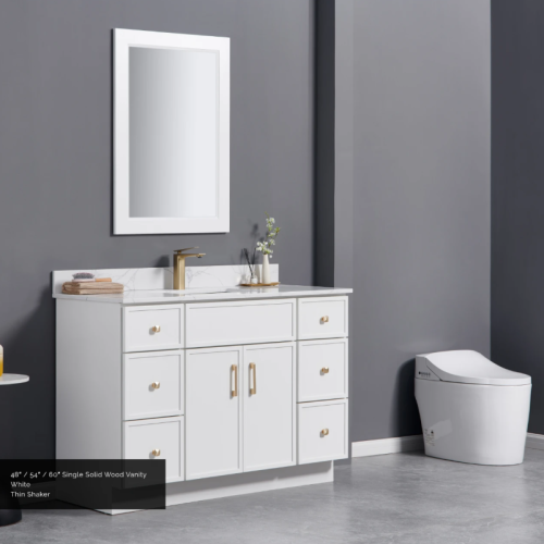 white solid wood vanity with drawers and golden handles