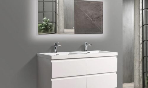 48 inch white floating vanity with dual sinks and clean finish