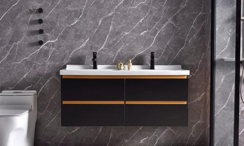 60 inch black floating vanity with gold trim and dual drawers